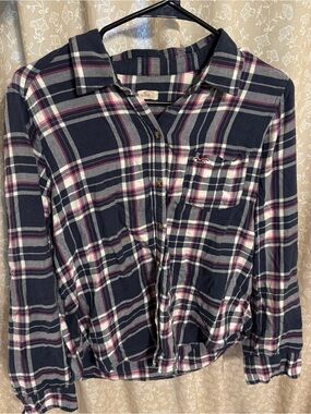 Hollister Plaid Flannel Shirt Navy Pink White Y2K Soft Grunge Seagull Logo L